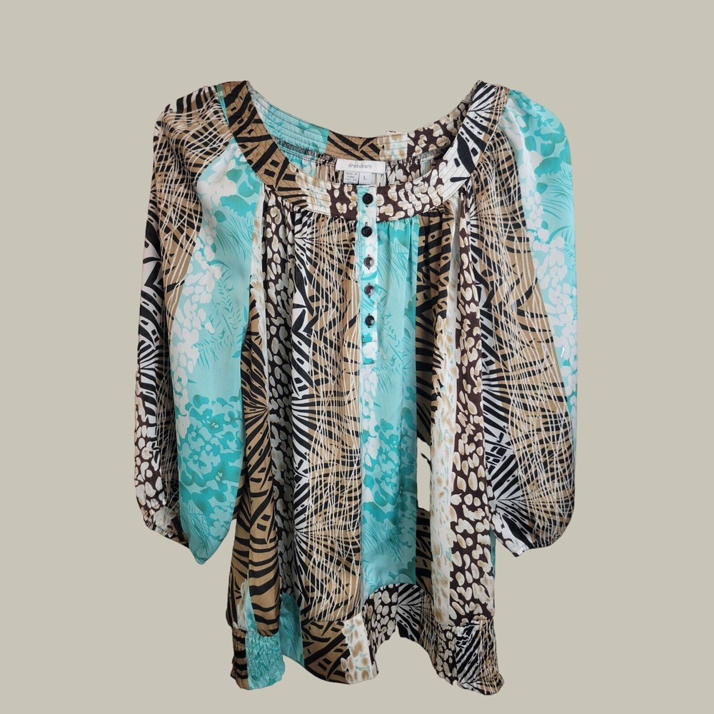 Dressbarn Henley Top Blouse Animal Print Mixed Pattern Boho Blue Brown LARGE